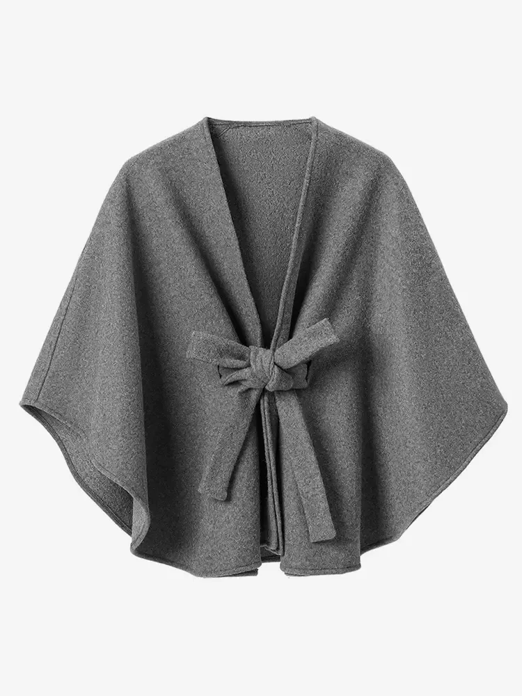 Women Poncho Designed Neckline Gray Poncho Cape