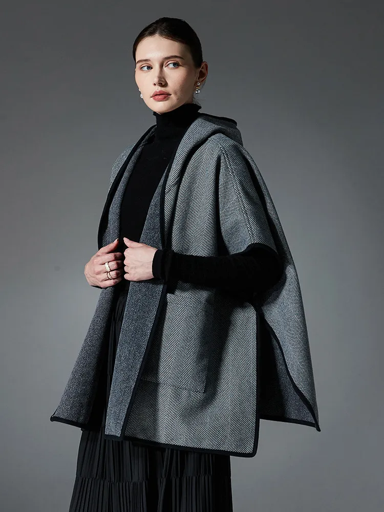 Women Poncho Geometric Designed Neckline Deep Gray Poncho Layered Cape