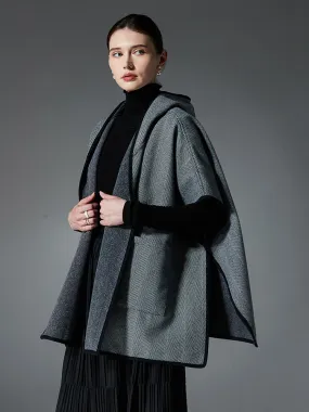 Women Poncho Geometric Designed Neckline Deep Gray Poncho Layered Cape