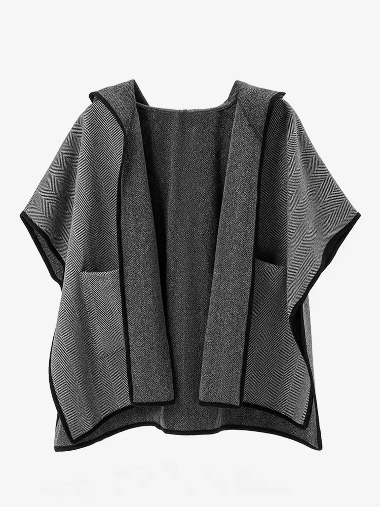 Women Poncho Geometric Designed Neckline Deep Gray Poncho Layered Cape