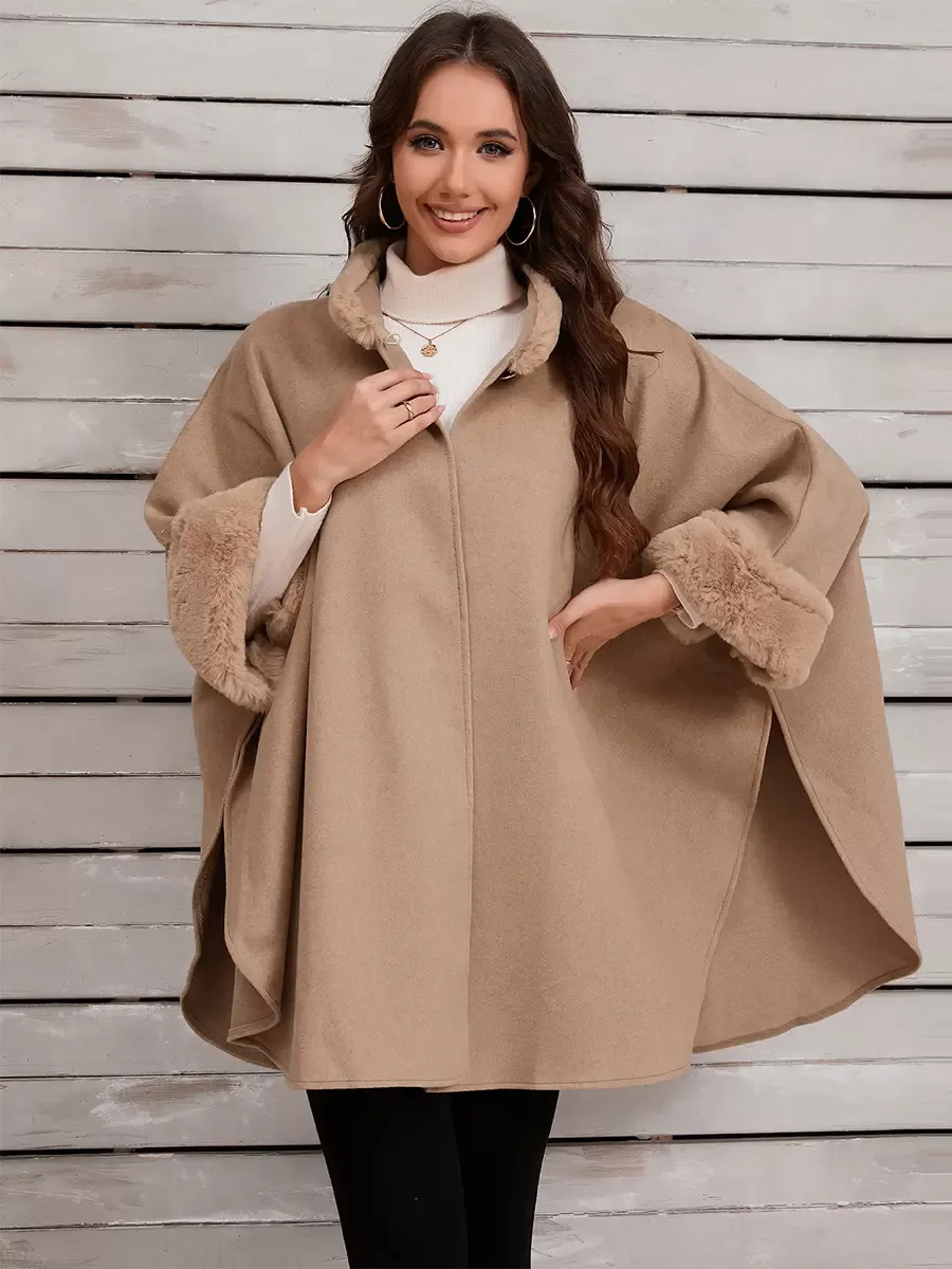 Women Poncho Stand Collar Khaki Asymmetrical Cape