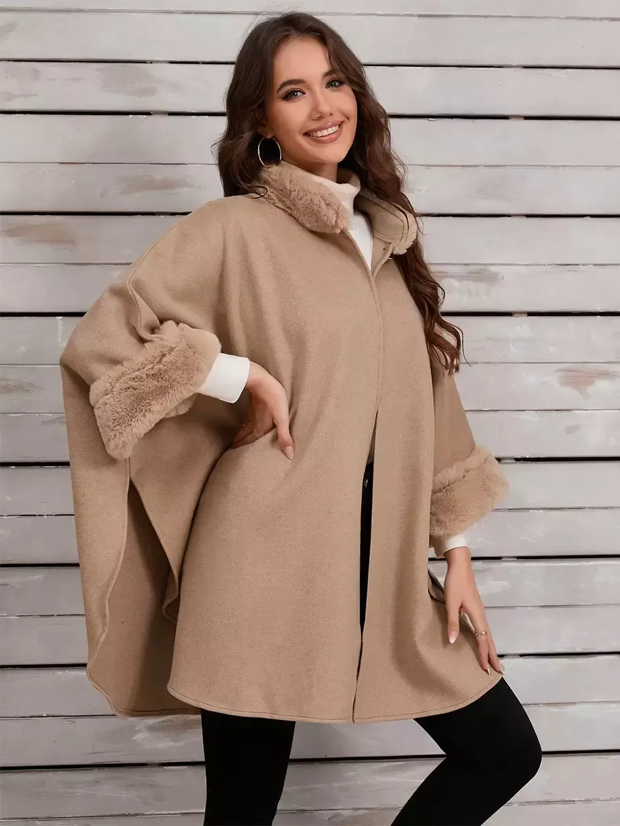 Women Poncho Stand Collar Khaki Asymmetrical Cape