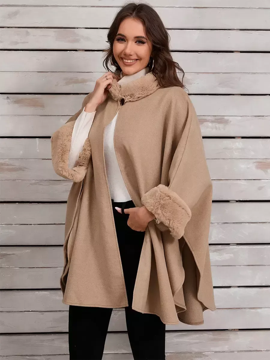 Women Poncho Stand Collar Khaki Asymmetrical Cape