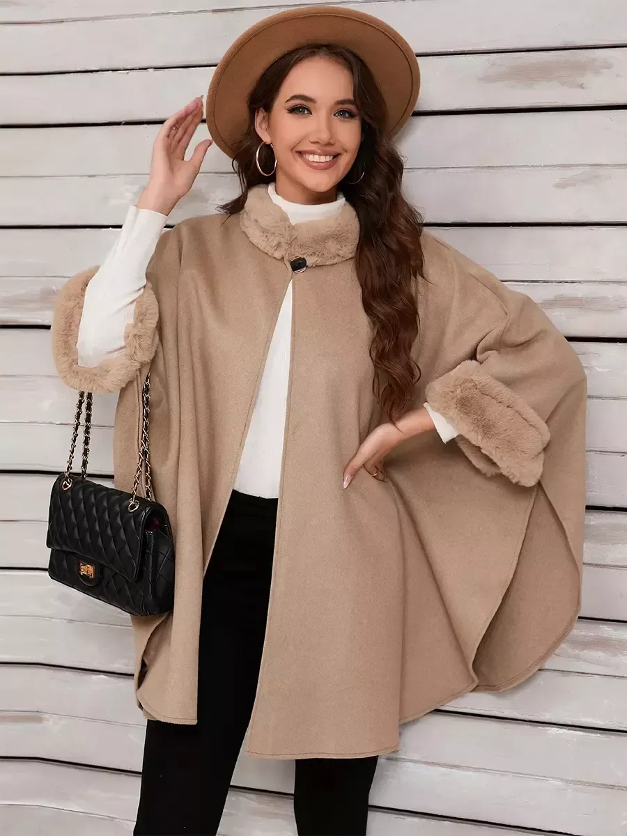 Women Poncho Stand Collar Khaki Asymmetrical Cape