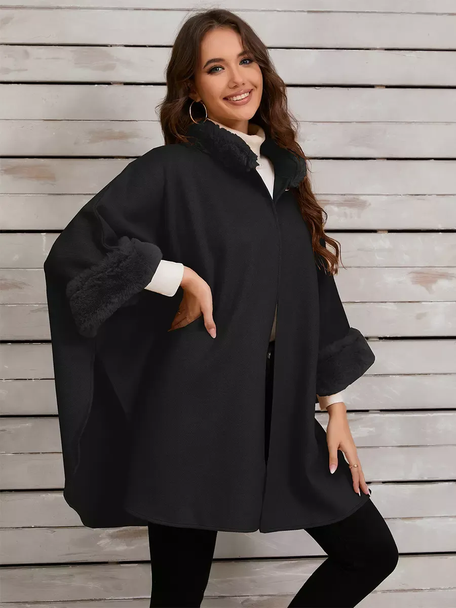 Women Poncho Stand Collar Khaki Asymmetrical Cape