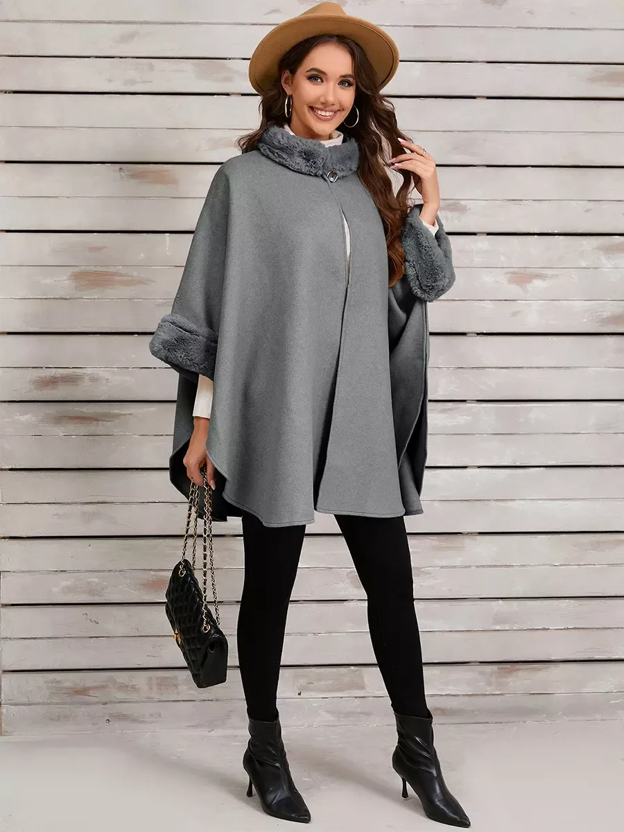 Women Poncho Stand Collar Khaki Asymmetrical Cape