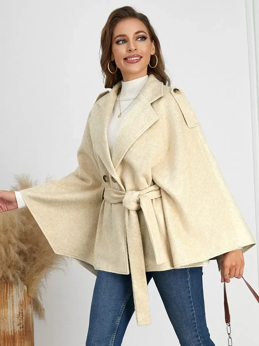 Women Poncho Turndown Collar Apricot Cape