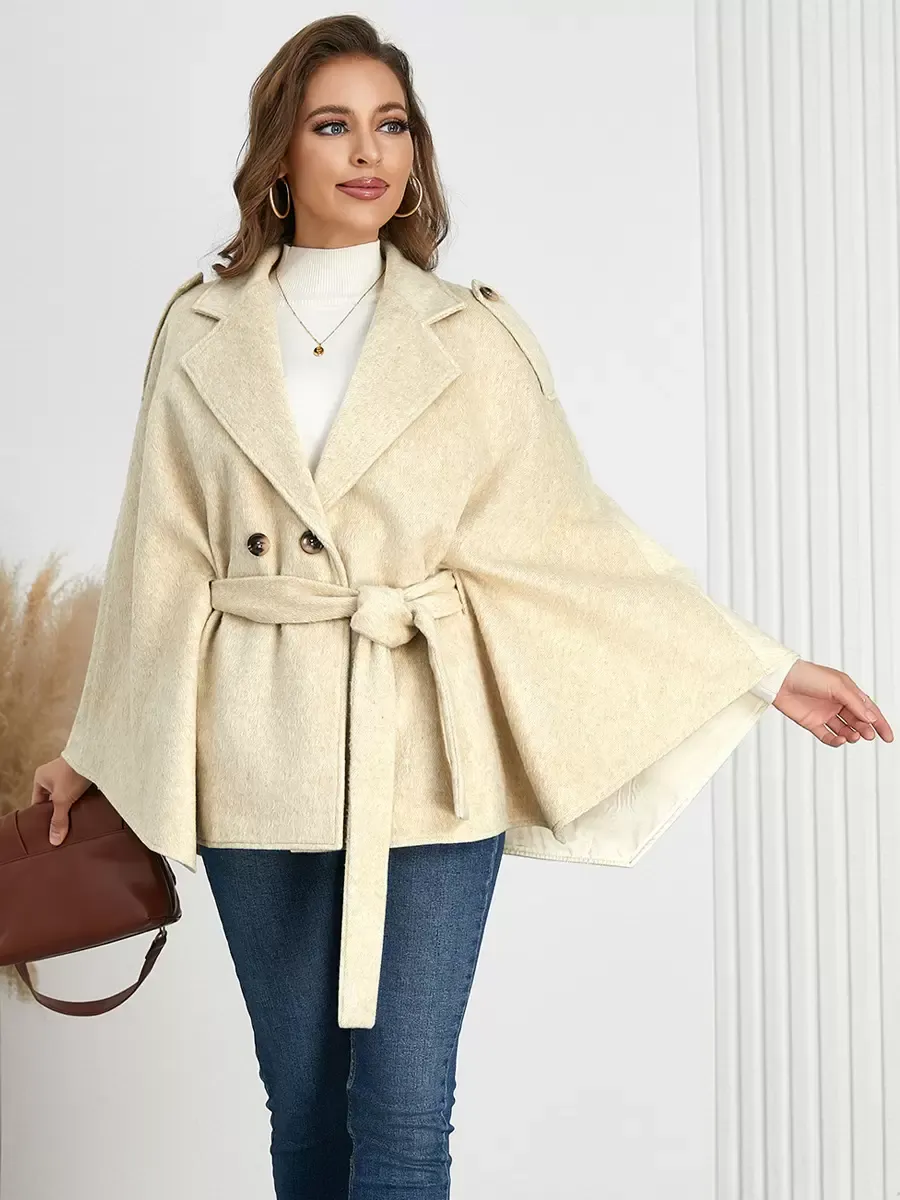 Women Poncho Turndown Collar Apricot Cape