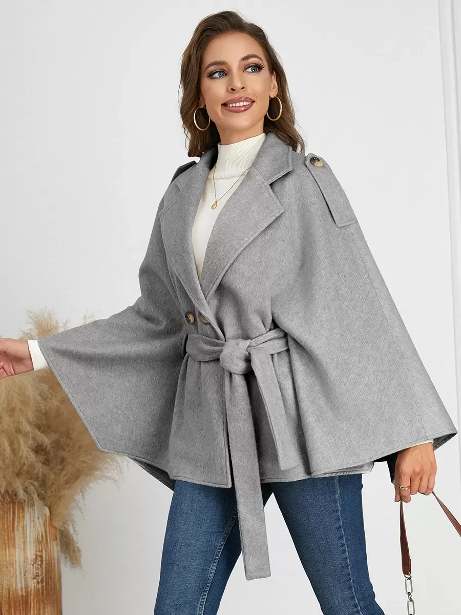 Women Poncho Turndown Collar Apricot Cape