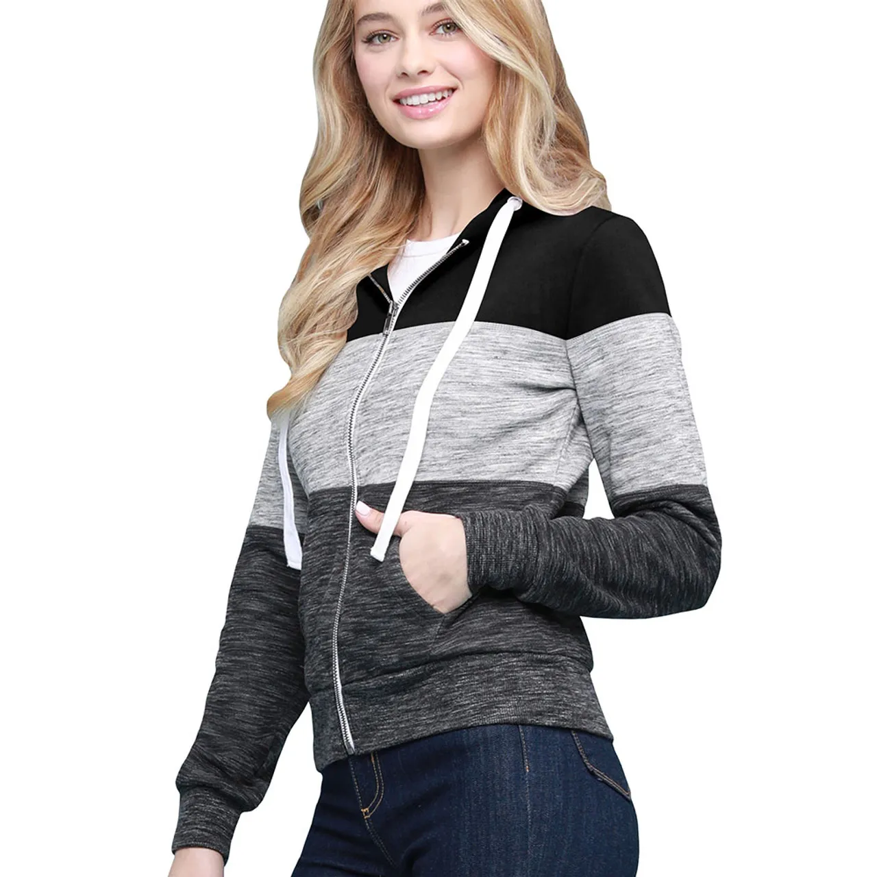 Women's Slim Fit Casual Zip-up Color Block Hoodie