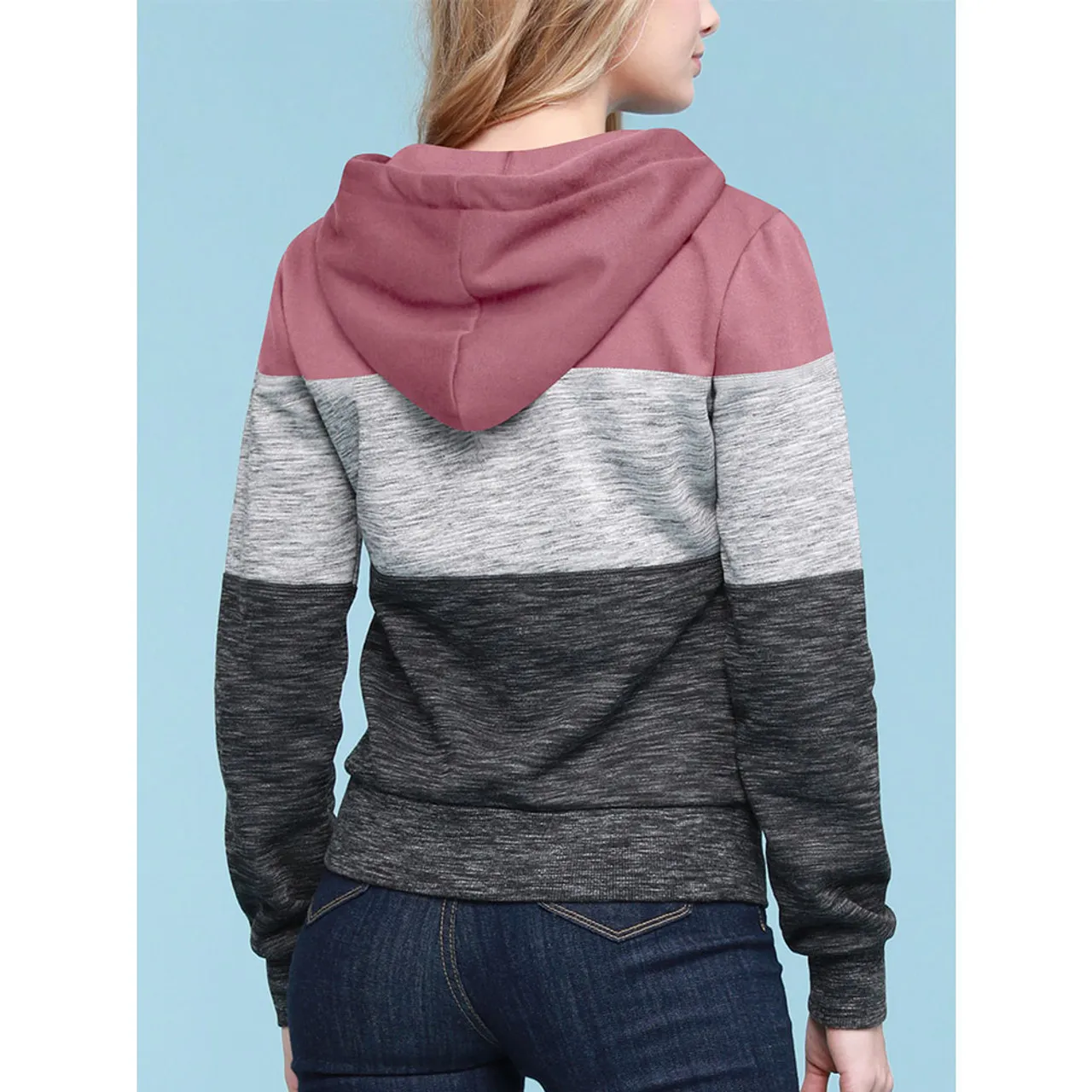 Women's Slim Fit Casual Zip-up Color Block Hoodie