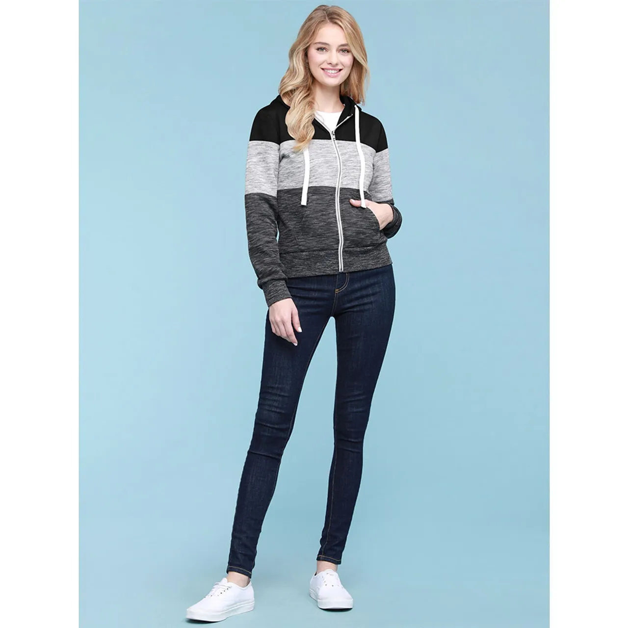 Women's Slim Fit Casual Zip-up Color Block Hoodie