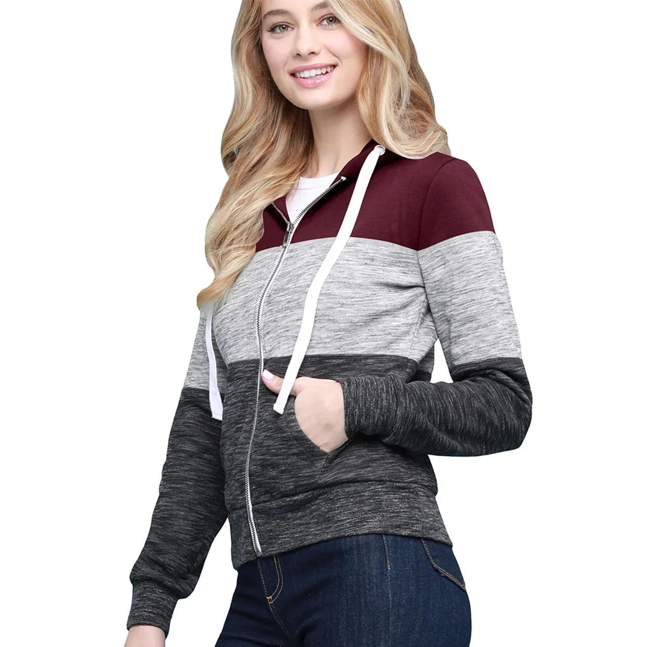 Women's Slim Fit Casual Zip-up Color Block Hoodie