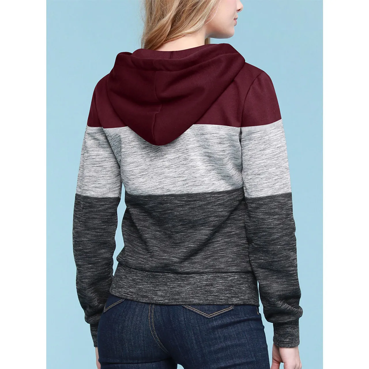 Women's Slim Fit Casual Zip-up Color Block Hoodie