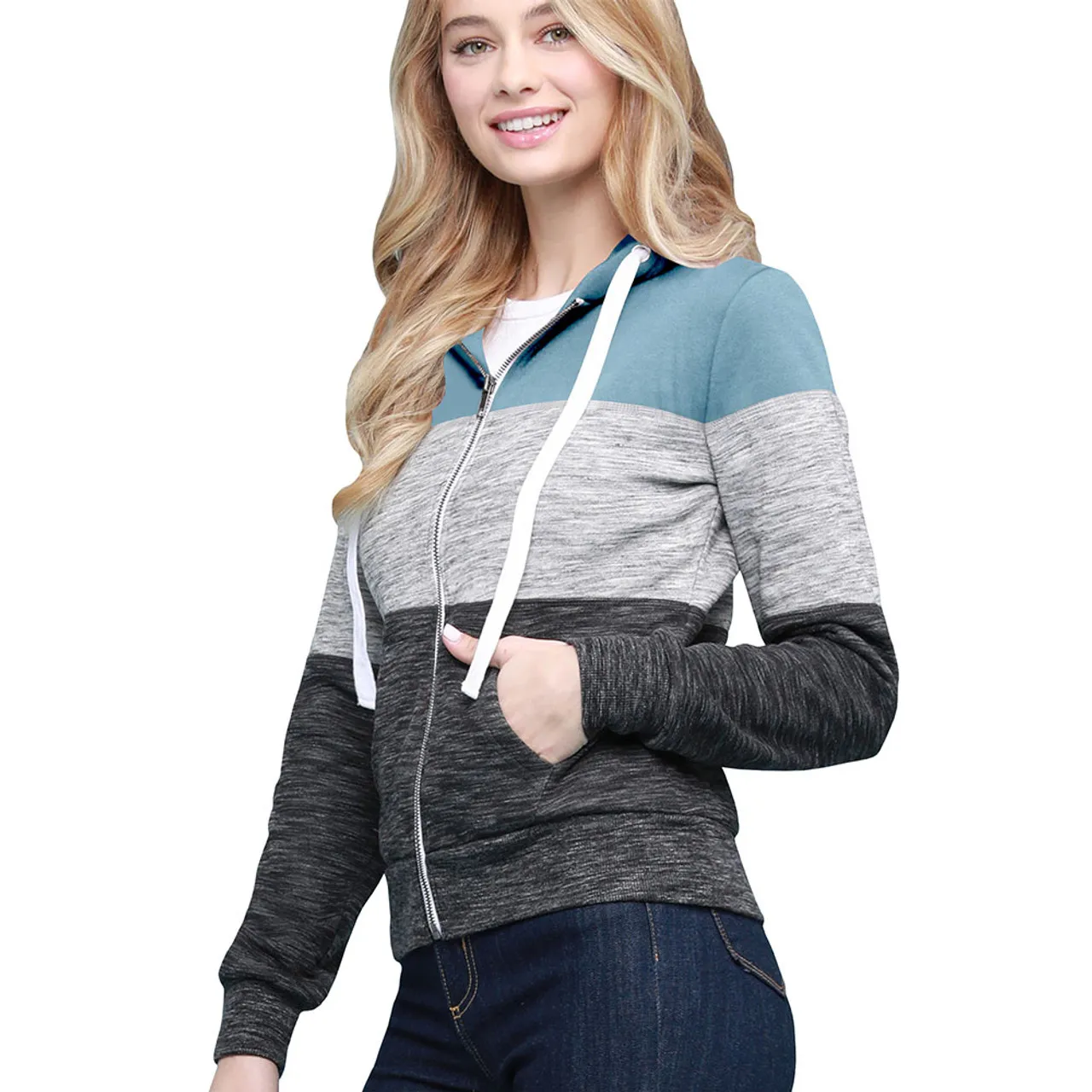 Women's Slim Fit Casual Zip-up Color Block Hoodie