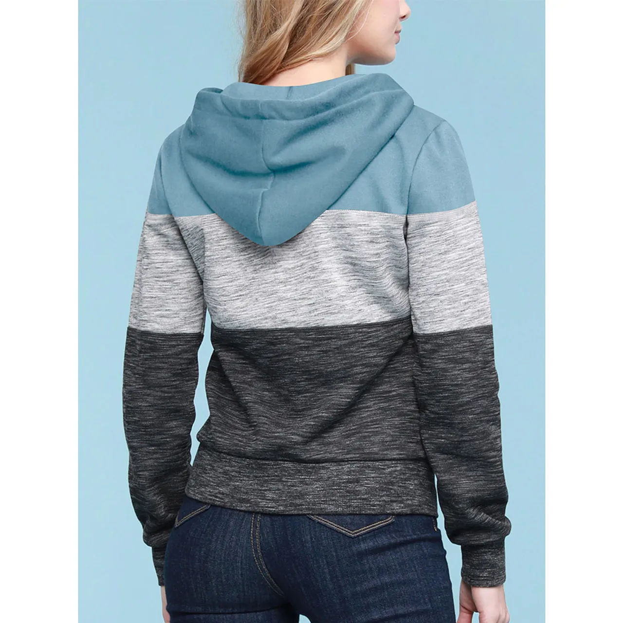 Women's Slim Fit Casual Zip-up Color Block Hoodie