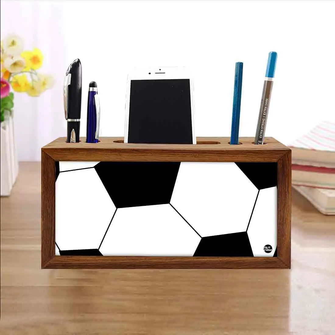 Wood Desk Accessories Phone Stand With Pen Holder -Football