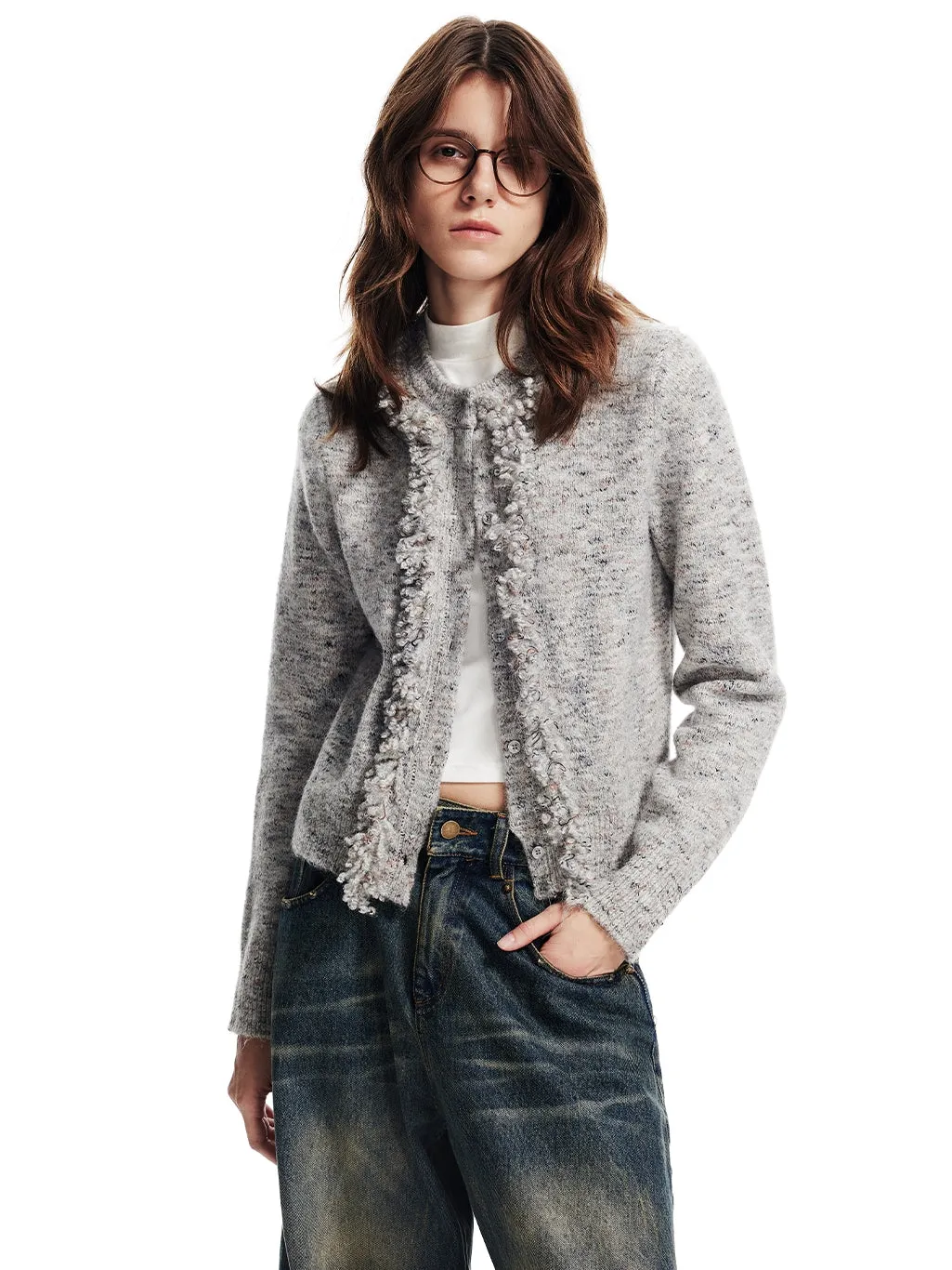 Wool Claasy Crew-Neck Knit Compact Slim Cardigan