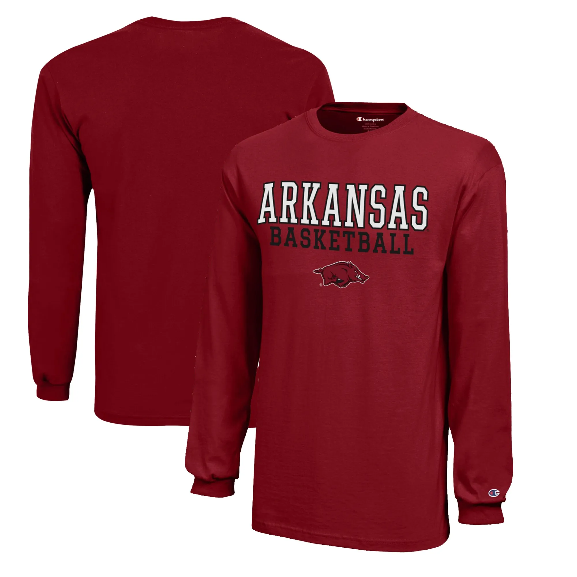 Youth Champion  Cardinal Arkansas Razorbacks Stacked Logo Long Sleeve Basketball T-Shirt