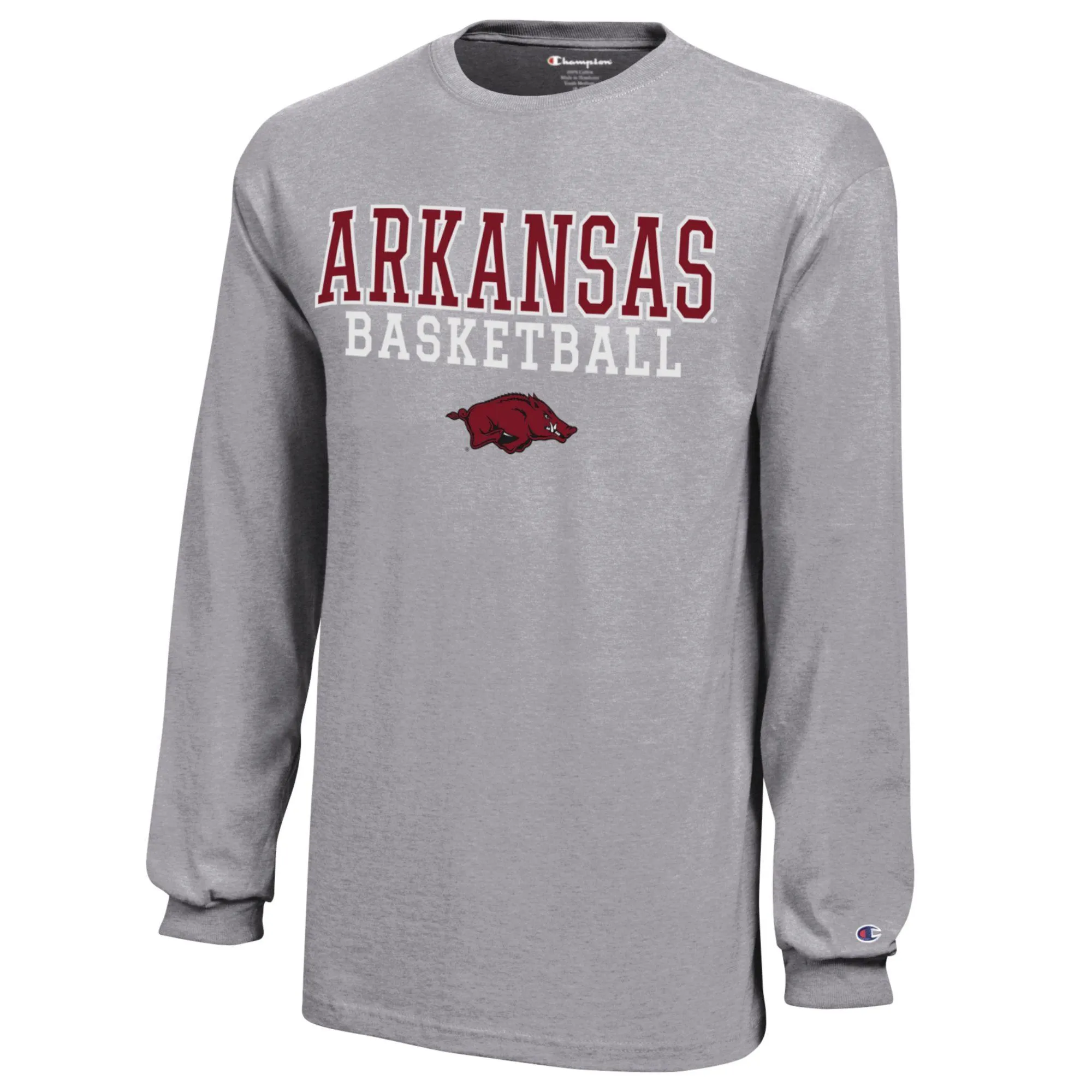 Youth Champion  Gray Arkansas Razorbacks Stacked Logo Long Sleeve Basketball T-Shirt